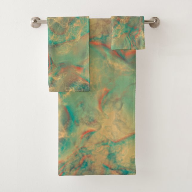 Red and Sea Green Marble abstract Bath Towel Set (Insitu)