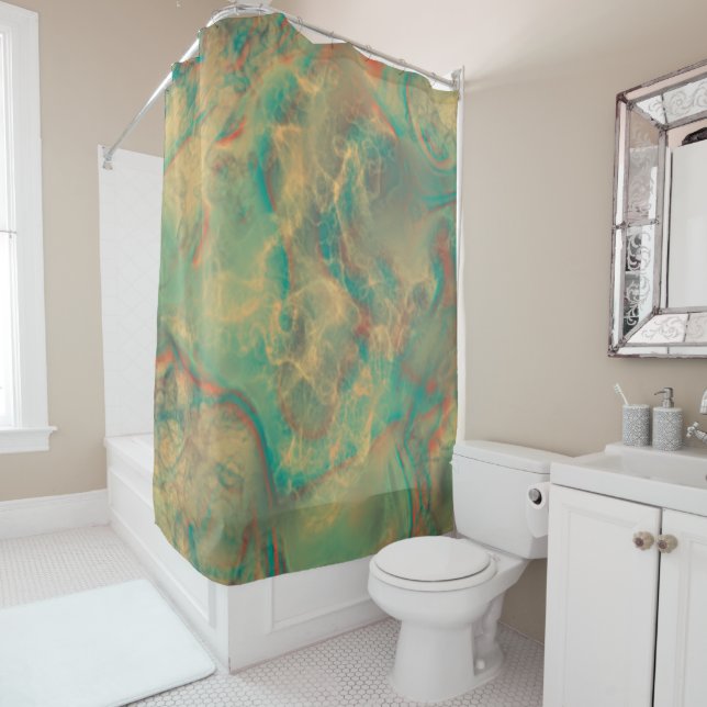 Red and Sea Green Marble abstract Shower Curtain (In Situ)