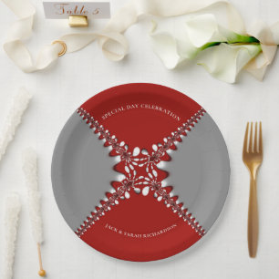 Red and Silver Batik Fractal Lace Paper Plate