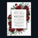 Red and Silver Country Burgundy Rose Bridal Shower Invitation<br><div class="desc">Design features watercolor peony and rose floral elements in shades of red and burgundy over eucalyptus botanical greenery. Template also features a printed silver or grey coloured box for an added elegant layout. The typography displays a modern layout with black text. View the collection link on this page to find...</div>