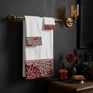 Red and silver dahlias accent bath towel set
