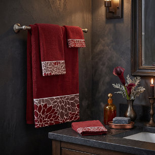 Red and silver dahlias bath towel set