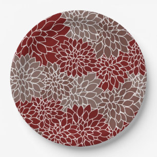 Red and silver dahlias paper plate