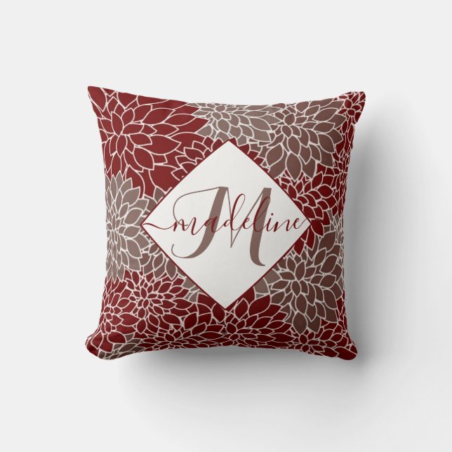 Red and silver dahlias personalized cushion (Front)