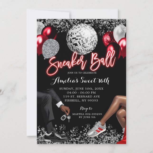 Red and Silver Disco Sneaker Ball Birthday Invitation (Front)