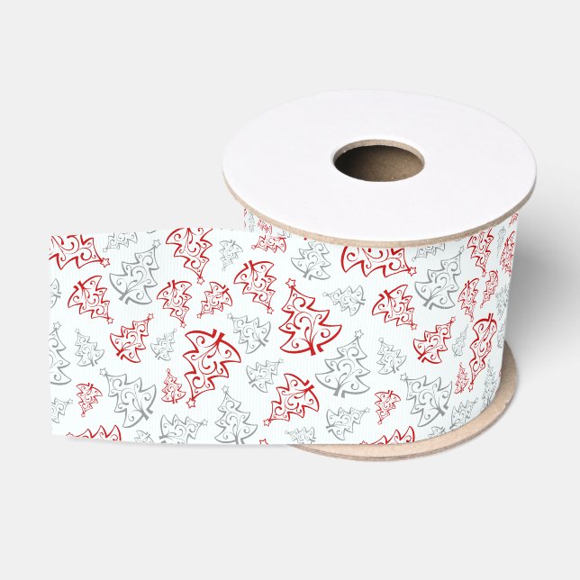 Red and Silver Elegant Christmas Trees Pattern Grosgrain Ribbon (Spool)