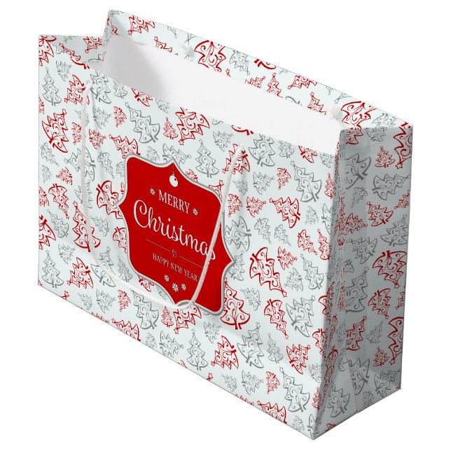 Red and Silver Elegant Christmas Trees Pattern Large Gift Bag (Front Angled)