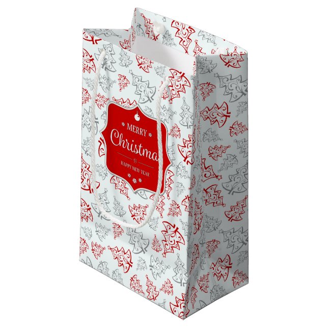 Red and Silver Elegant Christmas Trees Pattern Small Gift Bag (Front Angled)