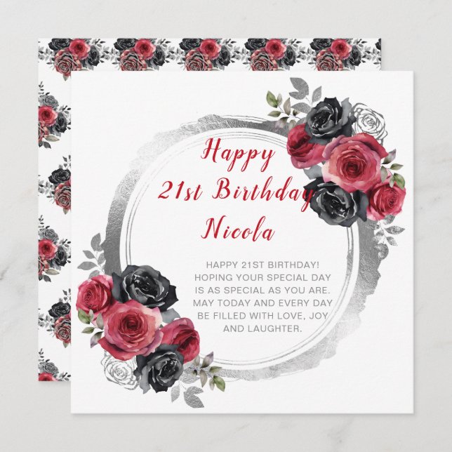 Red and Silver Elegant Flower Birthday Party Card (Front/Back)