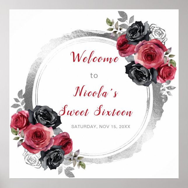 Red and Silver Elegant Flower Sweet Sixteen Poster (Front)