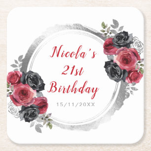 Red and Silver Elegant Flowers Birthday Party Square Paper Coaster