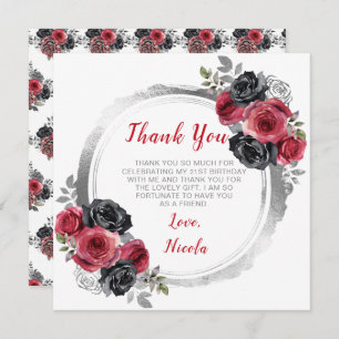Red and Silver Elegant Flowers Birthday Thank You Card