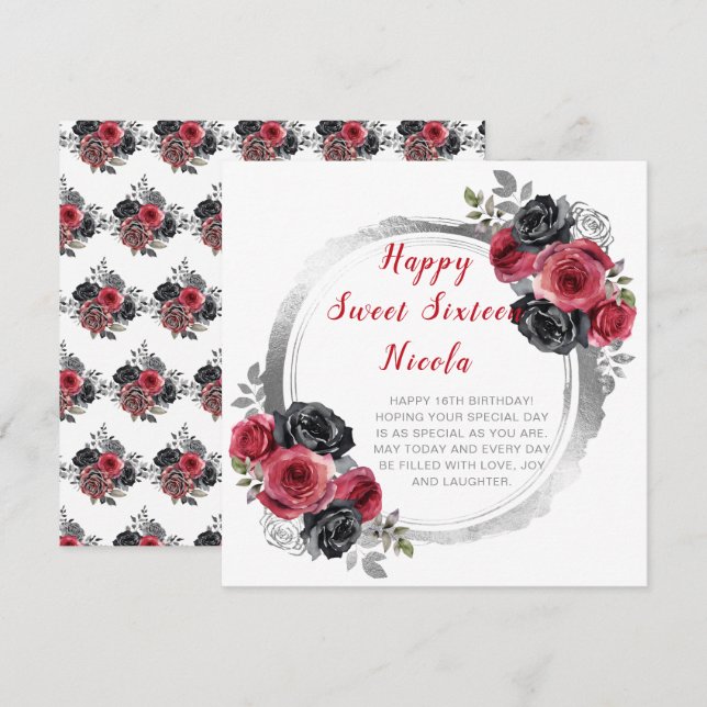 Red and Silver Elegant Flowers Sweet Sixteen Card (Front/Back)