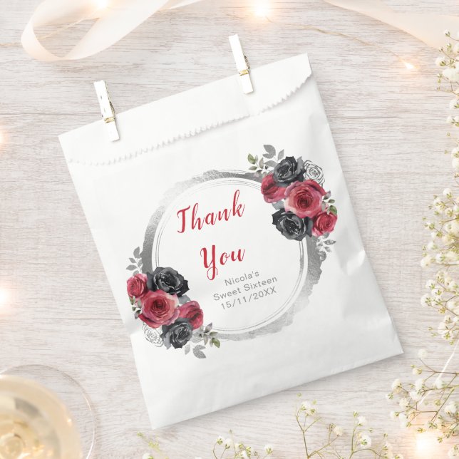 Red and Silver Elegant Flowers Sweet Sixteen Favour Bags (Clipped)