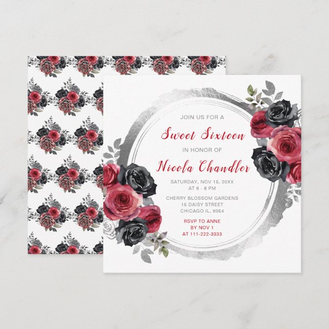 Red and Silver Elegant Flowers Sweet Sixteen Invitation (Front/Back)