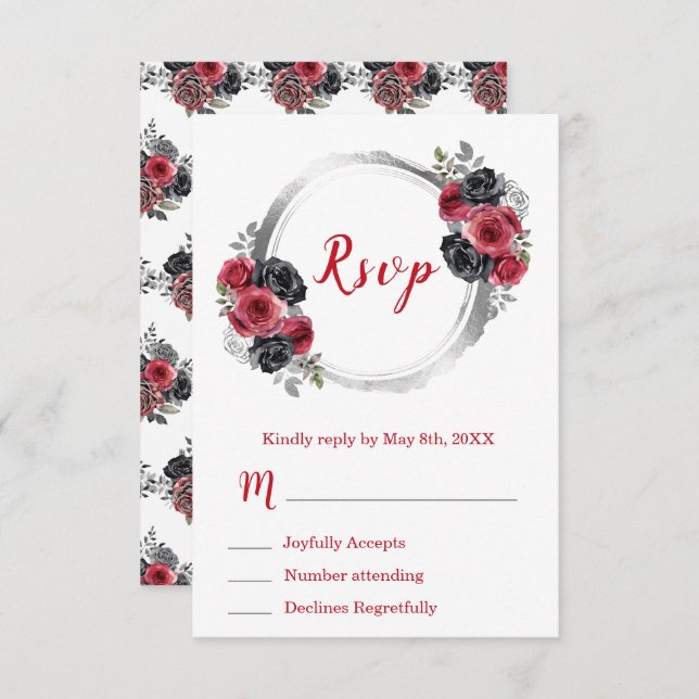 Red and Silver Elegant Flowers Sweet Sixteen RSVP Card (Front/Back)