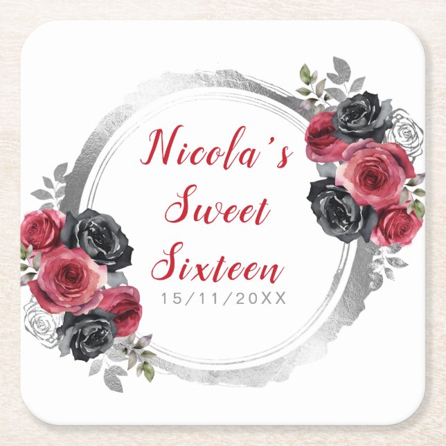 Red and Silver Elegant Flowers Sweet Sixteen Square Paper Coaster (Front)