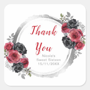 Red and Silver Elegant Flowers Sweet Sixteen Square Sticker