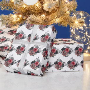 Red and Silver Elegant Flowers Wrapping Paper