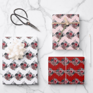 Red and Silver Elegant Flowers Wrapping Paper Sheet