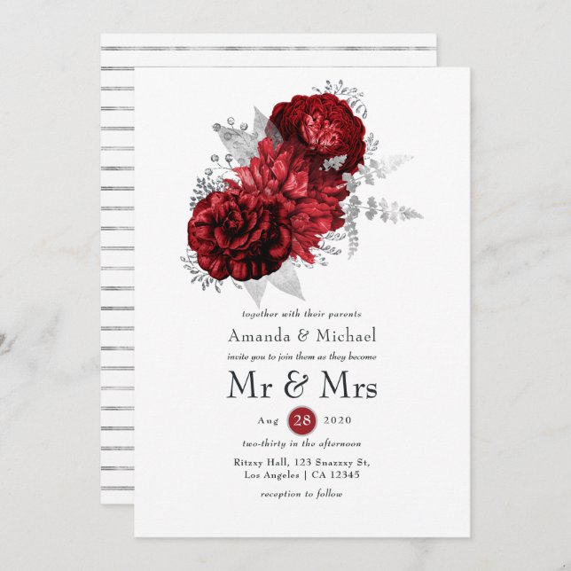 Red and Silver Floral Mr. & Mrs. Wedding Invitation (Front/Back)