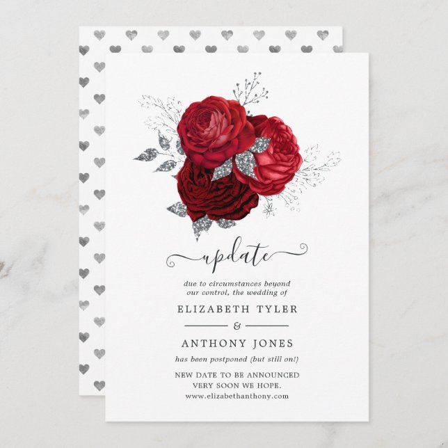 Red and Silver Floral Postponed Wedding Invitation (Front/Back)