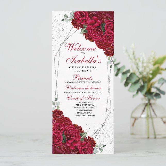 Red and Silver Floral Quinceanera Program Invitation (Standing Front)