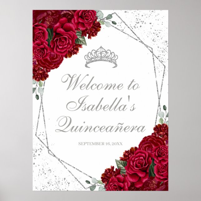 Red and Silver Floral Quinceanera Welcome Poster (Front)