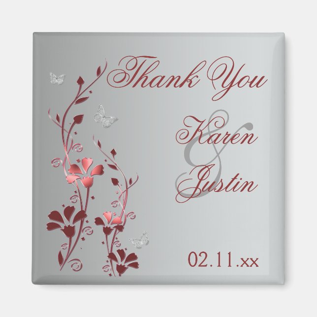 Red and Silver Floral Wedding Favour Magnet (Front)