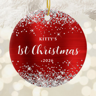 Red and Silver Glitter 1st Christmas Kitten Photo Ceramic Tree Decoration