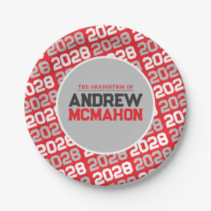 Red and Silver Grey Personalised Graduation Paper Plate