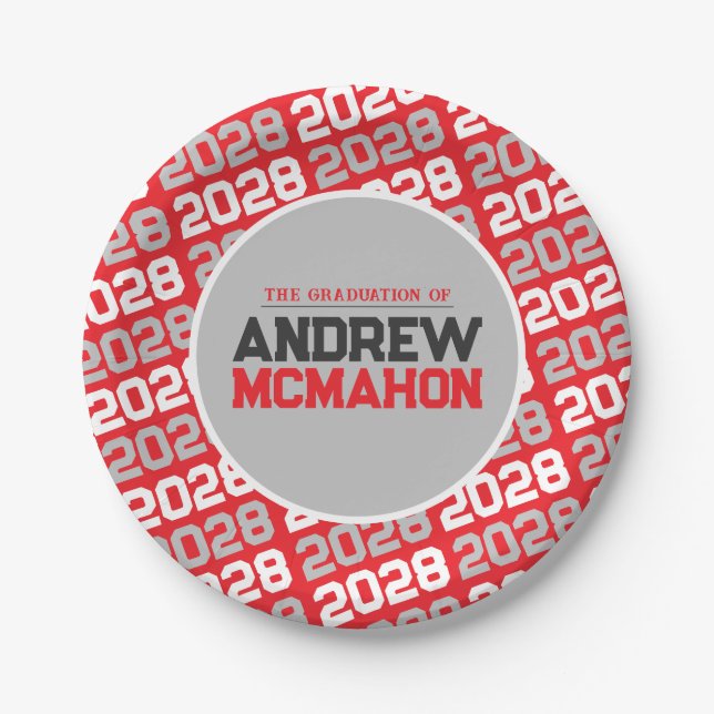 Red and Silver Grey Personalised Graduation Paper Plate (Front)