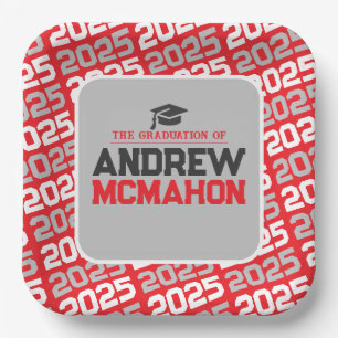 Red and Silver Grey Personalised Graduation Paper Plate