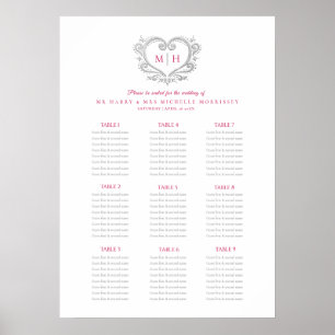 Red and silver heart wreath wedding seating chart