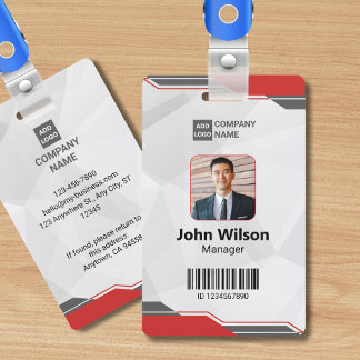 Red and Silver Modern ID with Photo & Barcode ID Badge