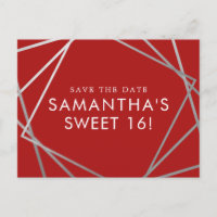Red and Silver Modern Sweet 16 Save the Date