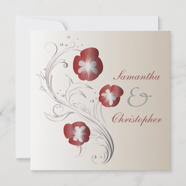 Red and Silver Pansy Wedding Invitation (Front)