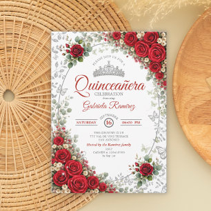 Red and Silver Quinceañera Red Roses Invitation