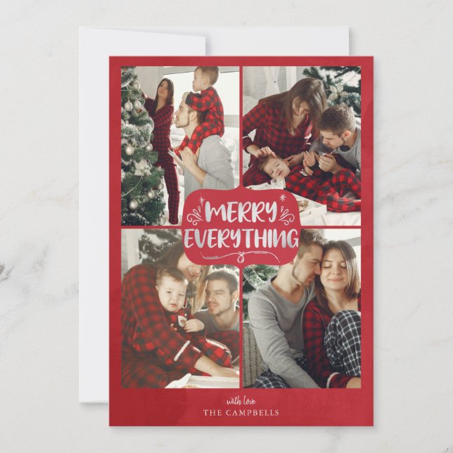 Red and Silver Stars Merry Everything Multi Photo Holiday Card (Front)