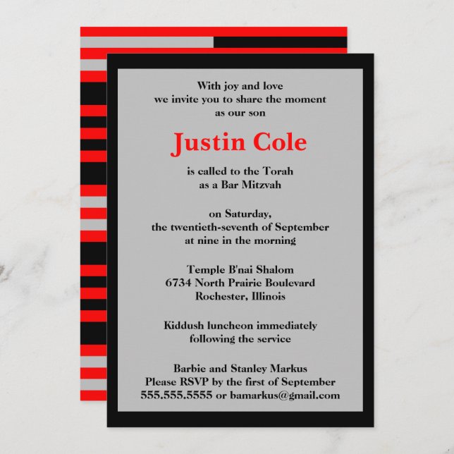 Red and Silver Stripes on Black Bar Mitzvah Invitation (Front/Back)