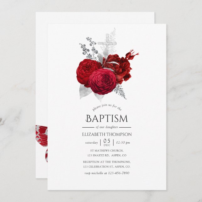 Red and Silver Vintage Rose Baptism Invitation (Front/Back)