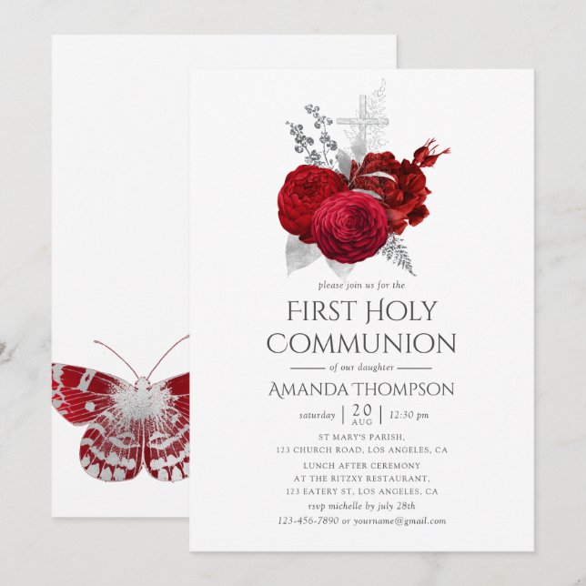 Red and Silver Vintage Rose Holy Communion Invitation (Front/Back)