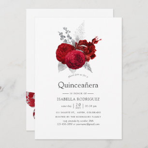 Red and Silver Vintage Rose Quinceañera Invitation