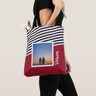 Red and Striped Pattern Personalised Photo Tote Bag