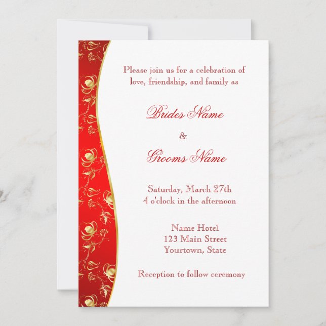 Red and Stylish Gold pattern  Wedding Invitation (Front)