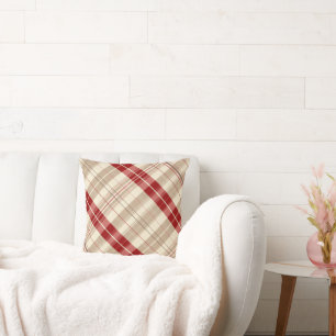 Red and Tan Beige Plaid Pattern Tartan Diagonal Cushion