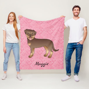 Red And Tan Rottweiler On Pink Hearts & Name Fleece Blanket