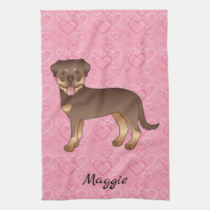 Red And Tan Rottweiler On Pink Hearts & Name Tea Towel