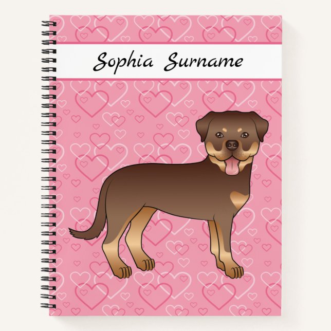 Red And Tan Rottweiler On Pink Hearts & Text Notebook (Front)