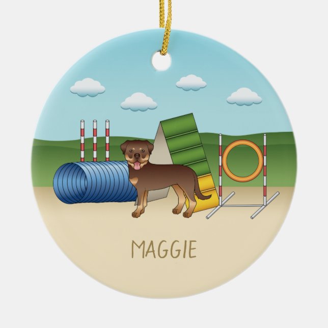 Red And Tan Rottweiler With Agility Equipment Ceramic Tree Decoration (Front)